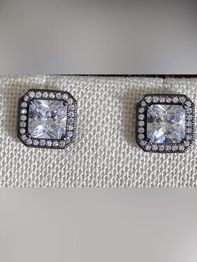 Square CZ Halo Stud Earrings Black Rhodium Tone Brass